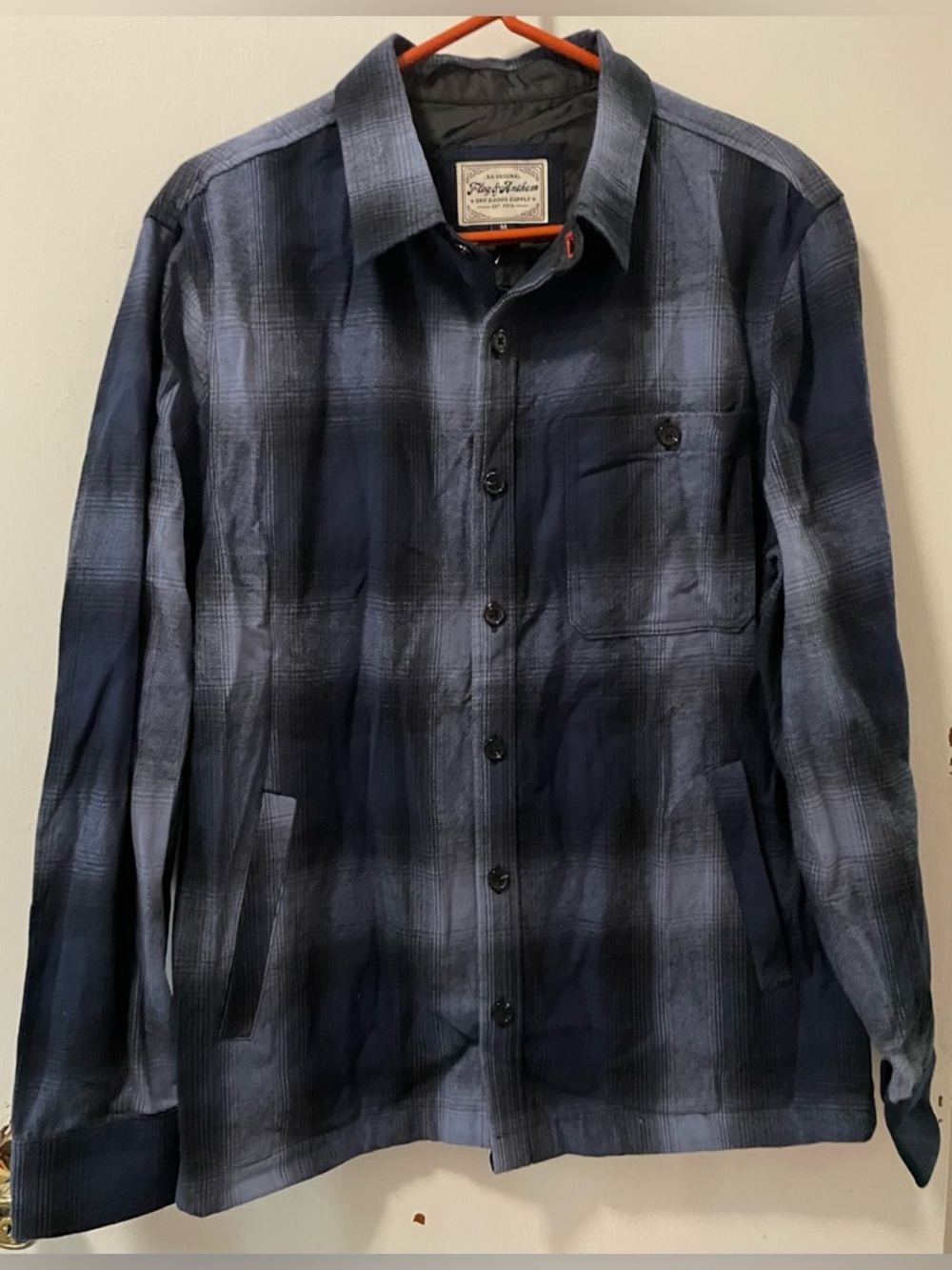 Flag &Anthem Men’s Navy Blue Plaid Button Up Lightweight Jacket Coat Size Medium